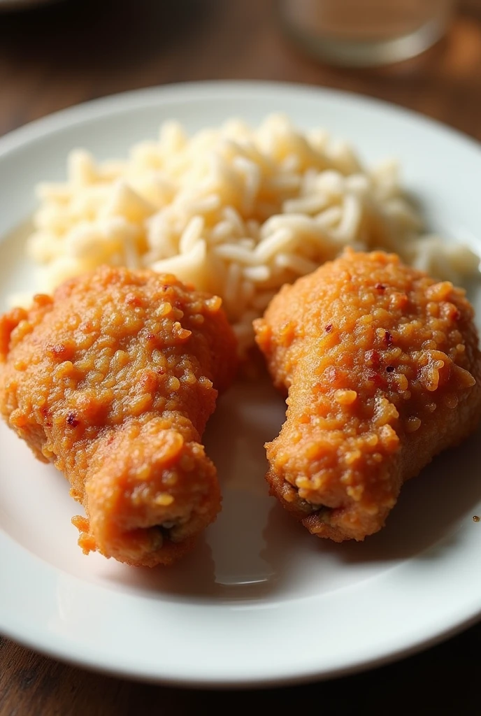 Two piece of fried chicken and one rice on a plate 