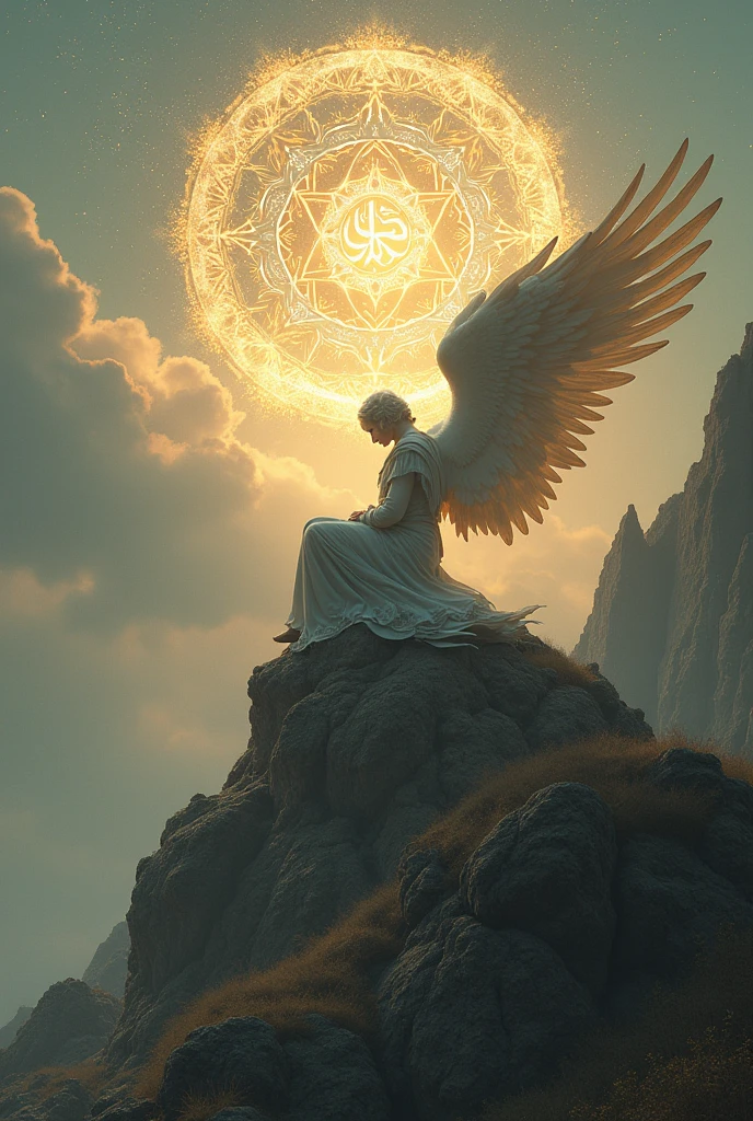 Create a visual transition that contrasts the angel's past glory on a grand throne with its current state of sorrow on the mountain. The scene should evoke a sense of curiosity and mystery, using Islamic geometric patterns and glowing calligraphy in the sky