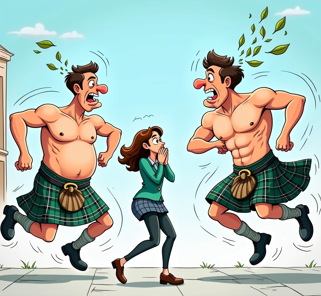 A cartoon scene featuring two men in traditional Scottish kilts, standing with their backs to the viewer and looking to the woman. a very strong gust of wind blows their kilts up, revealing their front side to the woman. The men are mid-jump, adding a playful and exaggerated dynamic to their poses. Their expressions are mischievous, with a sense of playful defiance. Facing them, a blonde woman is in front, looking surprised and covering her mouth in shock, her eyes wide with astonishment. The background includes a simplistic urban setting with a building outline, clear blue sky, and a few leaves swirling in the wind, adding to the comic effect.