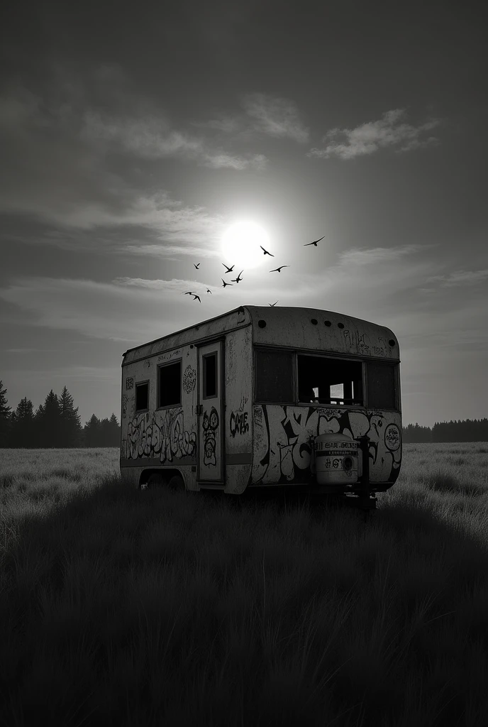  This haunting black and white image captures a desolate nocturnal landscape dominated by an abandoned trailer. The weathered, graffiti-covered container sits isolated in a field of tall grass, its worn exterior telling tales of neglect and the passage of time. Behind it, a dramatic night sky unfolds, with wispy clouds streaking across the expanse and a full moon casting its ethereal glow over the scene. The silhouette of distant trees forms a dark horizon, while a flock of birds soars through the moonlit sky. The high contrast between light and shadow accentuates the trailer's mysterious presence, creating a moody atmosphere that speaks of loneliness and forgotten stories. This composition, with its balance of man-made decay and natural beauty, evokes a sense of melancholy and intrigue, inviting the viewer to ponder the trailer's history and the secrets of the night.