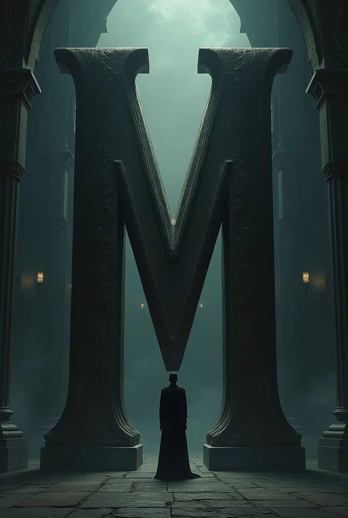 “A person leaning on a large letter ‘M’ in a dark room, wearing black 
