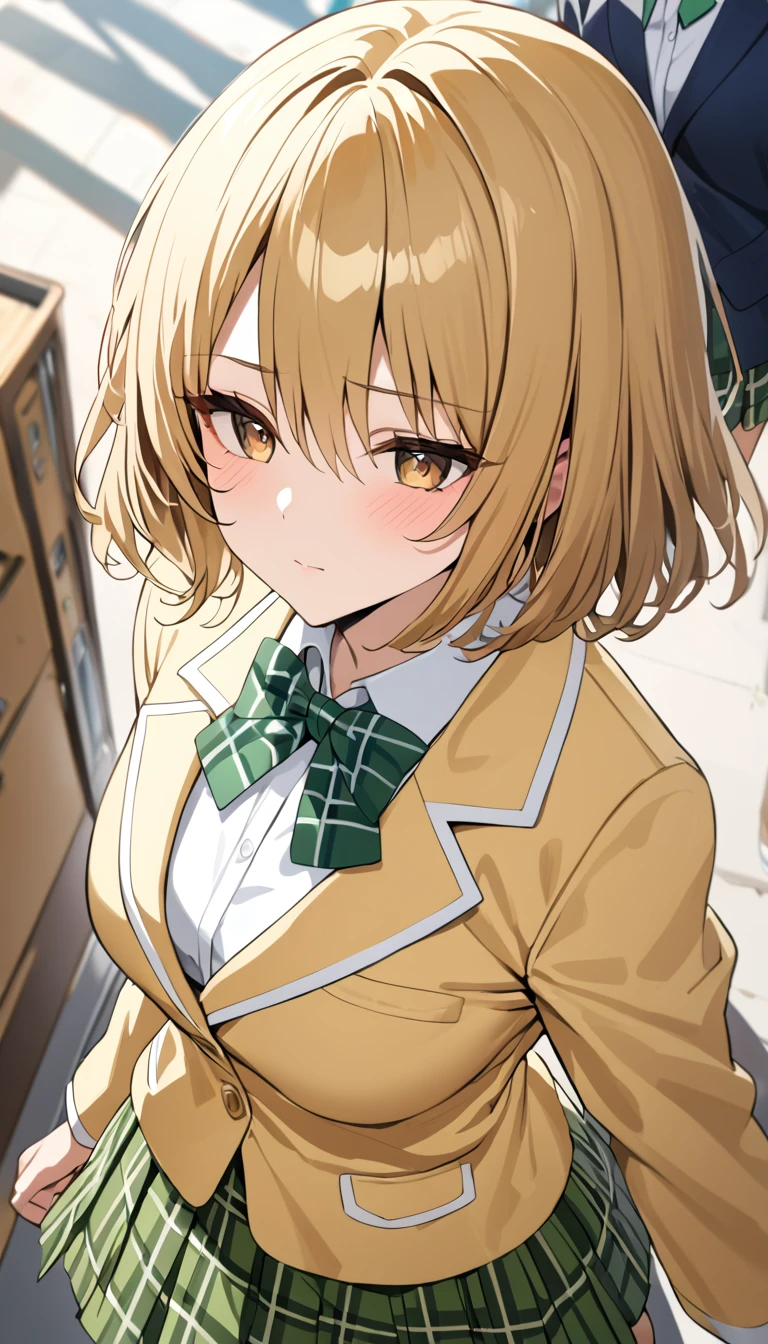 masterpiece, best quality, highres, 1girl, solo, blonde medium hair, brown eyes, , green bowtie, blazer, yellow jacket, long sleeves, plaid skirt, green skirt, walking in school, from above,closed mouth face