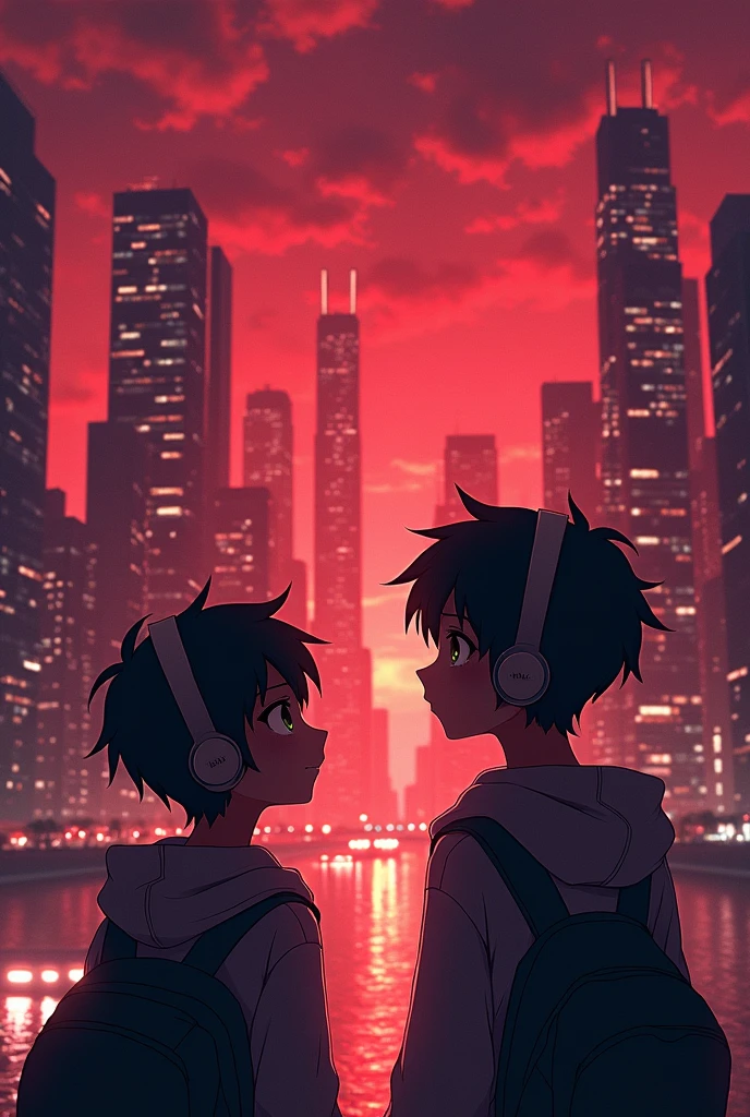 A 2 anime boy half body looking at the landscape with a reddish night city landscape background with headphones