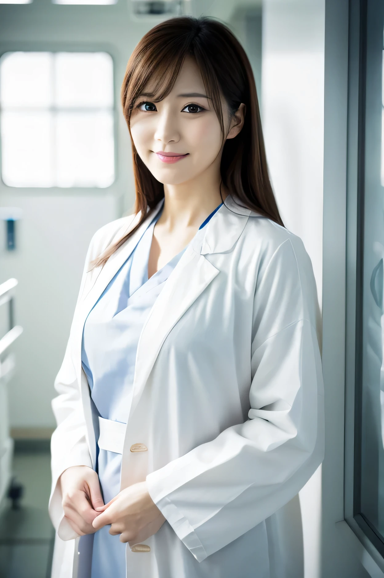 Photorealistic, high resolution, High resolution,Japan Beautiful Nurse, 4, Mature Woman, White Lab Coat, Upper Body, hospital, ward
