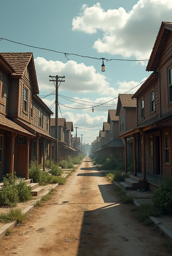 (photorealism:1.2), a town similar to Alexandria from The Walking Dead, completely surronded by a short wall made of scrapped metal. The town is big enough for 300 people to live in. Classic american town in the 2000´s, medium sized