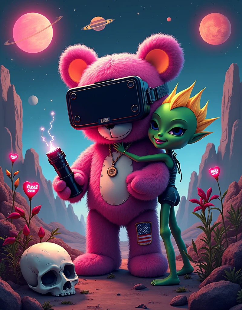 NFT Lo-Fi cool art in the style of beeple artist:: behind a space, bear on the mars and his friend green alien, and white skull is on the ground lying from the front side , watering the plants together,on the left hand is american flag patch only one hand and another one hand holding a rose holding a :: plant pot :: photo included UFO ship in the sky ::space skies and stars and giant saturn planet close up and falling star on the background :: of 1 toy full body with fashion grunge style toy bear, black mirror VR mask blue neon glow, pink fur, toy bear holding a thunfer flash light neon in the hand, hug ( neon glow my LOVE neon glow word :: ) with two eyes in a style in mood and happy smiling with teeth smile wearing a :: yellow:: red hair and a slash yellow glow on the bear, background with X and O game made of hearts, Glowing stars is flying in the air, neon glow heart inside of the heart is the word :: REAL LOVE :: word, 90's fashion font graffiti words:: hug LOVE::, hyper detailed 35 mm shot