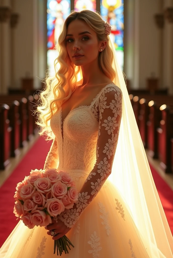((translucent luminous body_Wearing a white lace wedding dress), (woman made of light: 1.2, glowing hair_Long curly blonde hair),, (Upper body frontal close-up angle: 1.3), 8k, high dynamic range))((Works by professional wedding photographers))symmetrical face, Symmetrical eyes, Ultra 8K detailed photos, 8K resolution concept(( masterpiece. real photos. Super high quality))AMY put on her carefully selected.The most beautiful designs by famous designers.The most gorgeous.The most noble wedding dress.Standing on the red carpet in a church with stained glass.She has a happy smile on her face.She held a large bouquet of bright roses in her hands.And AMY is more beautiful than flowers.
