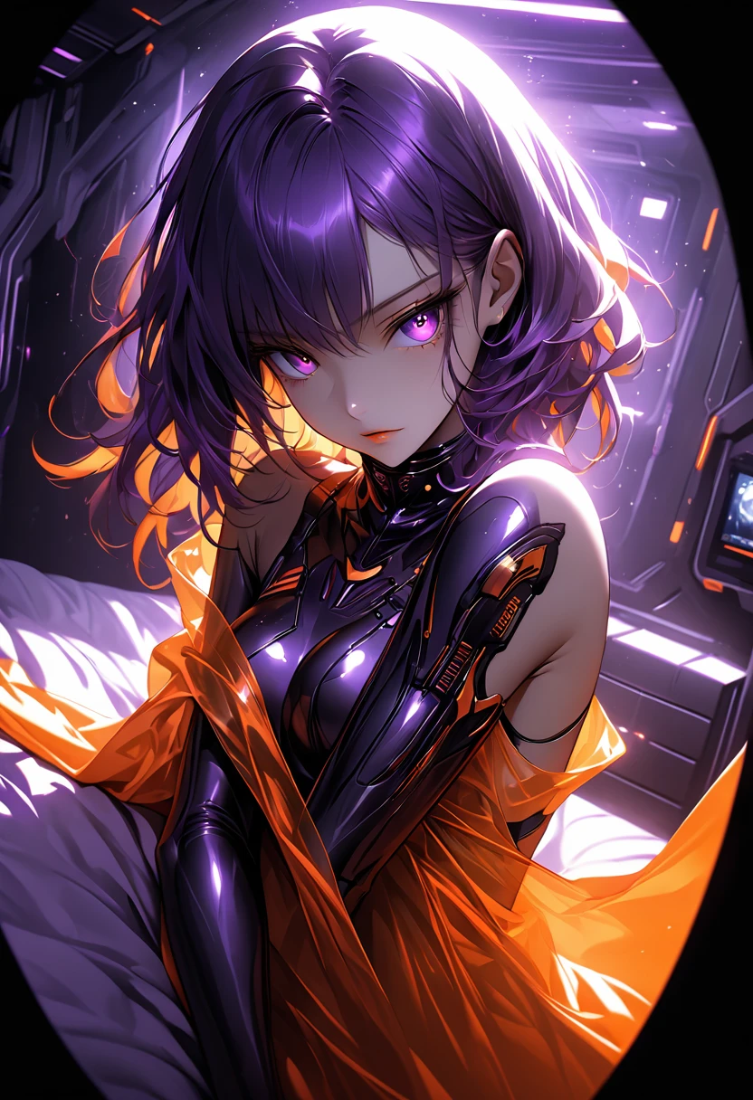 atmosfera sombria sexy In a futuristic space station bedroom, Asian samurai hair coque sexy face meiga agressiva tropa coronel take militar scurly moicano repicado hair cascading over shoulders, marron purple shark Fenix eyes sparkling with longing, quase nua e transparente tapa sex com um véu envergonhada figure partially veiled by a gleaming orange PVC bedsheet, gaze locked onto the camera lens, chiaroscuro effect, soft ambient lighting casting subtle highlights and shadows on the curves and fabric, creating an intimate yet tasteful portrayal, digital painting, high contrast, dynamic composition, octane rendering.