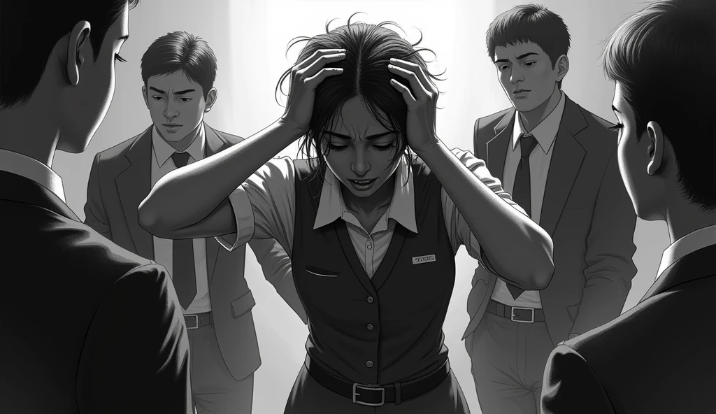 { "prompt": "A powerful thumbnail. The image must be realistic and illustrative, mainly in black and white. Show a person in an attendant's uniform in the underemployed screaming with his hands on his head, he is pulling his hair, as if he is in despair for can't handle the pressure of work anymore, The face with expression showing exhaustion, your boss and clients are pressing you around. The entire image should be in black and white, but the main point should be highlighted in vibrant colors to draw attention to. the central theme.” "settings": { "style": "realistic and illustrative", "lighting": "high contrast", "detail_level": "high", "color_scheme": "black and white with bright color focal point", "emphasis": "social media icons and the person's expression", "size": "1280x720" } }