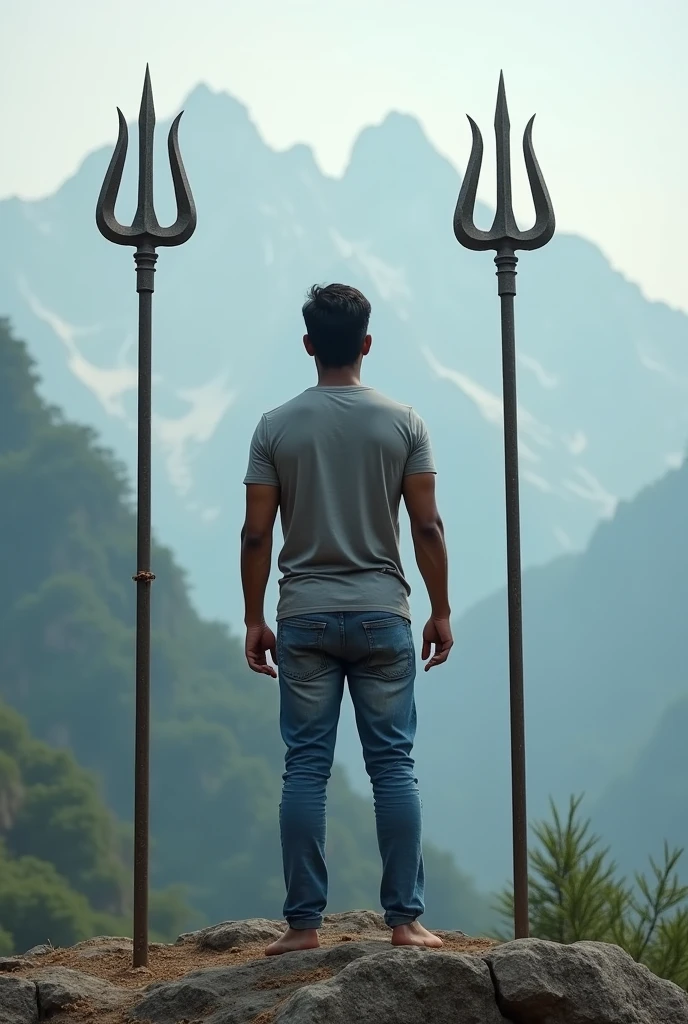 30 years Indian young man stand between the 2 trishula's at the mountain, he wears grey color t-shirt, blue color jeans, no shoes. His height is 5'8 feet, his backside should be displayed 