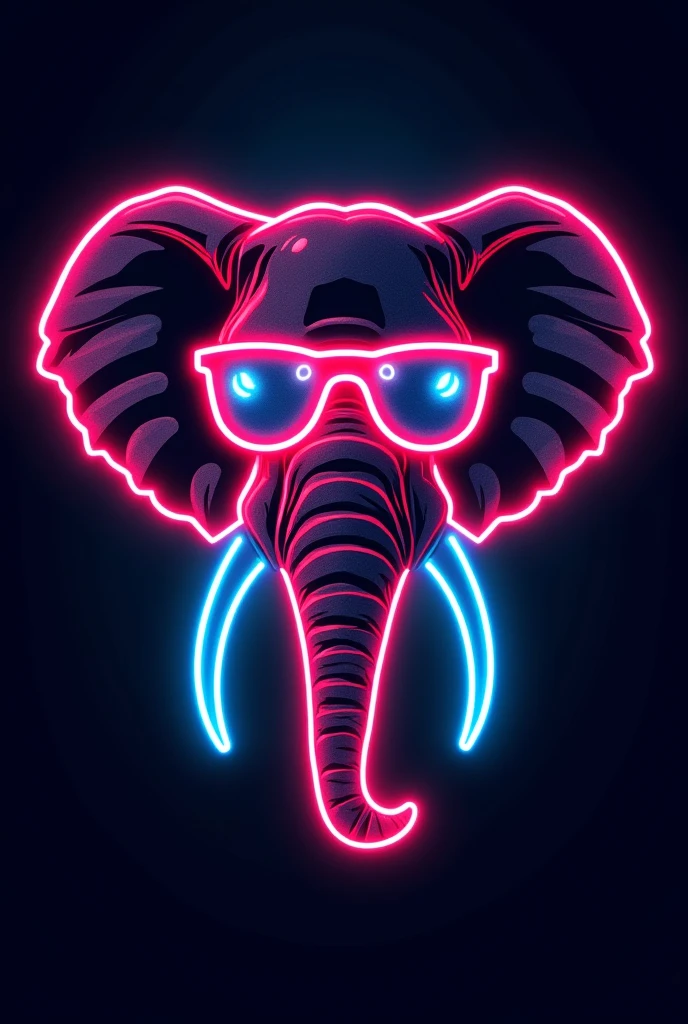 neon-style emblem featuring the head of an elephant wearing 90s-00s fashion glasses, with neon lines connecting them to suggest a psychological theme. The entire design, including the outlines, is rendered in bright neon lines and set against a dark background, leaving plenty of open space for adding large text, perfect for a vibrant and energetic student party poster