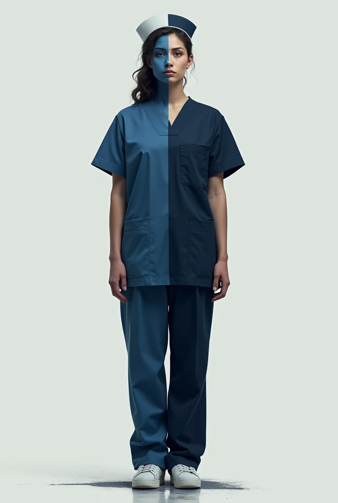 Create an image of a nurse with a navy blue uniform, with the right side representing life and the left side representing death.