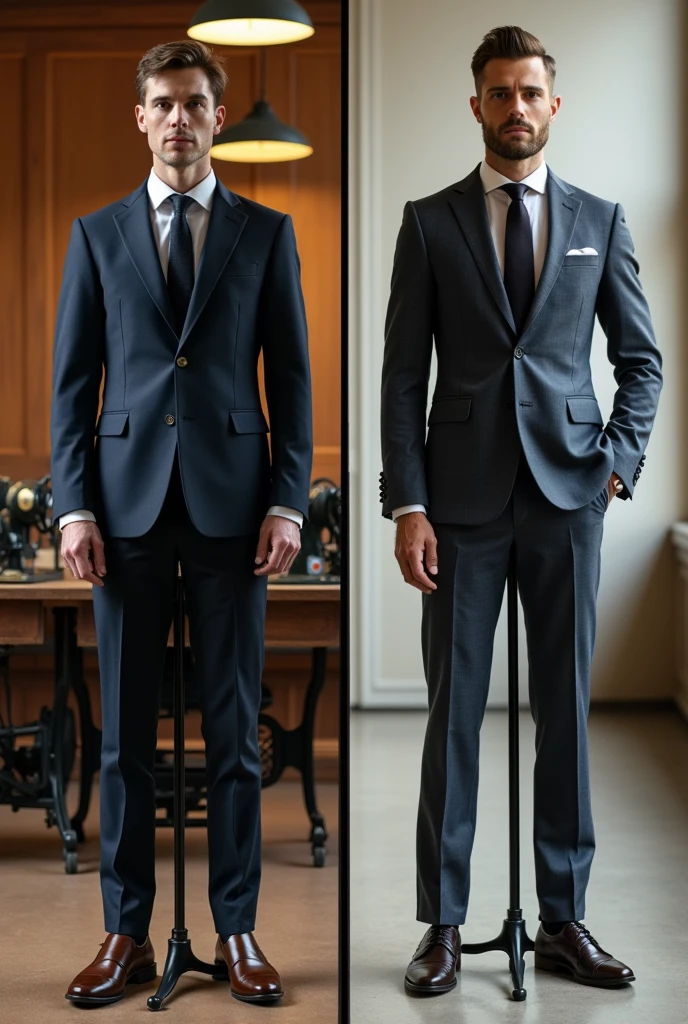 Classic tailoring vs.. modern**: A collage showing the differences between a classic pedal-operated suit and a modern electric-operated one, highlighting current trends in tailoring.