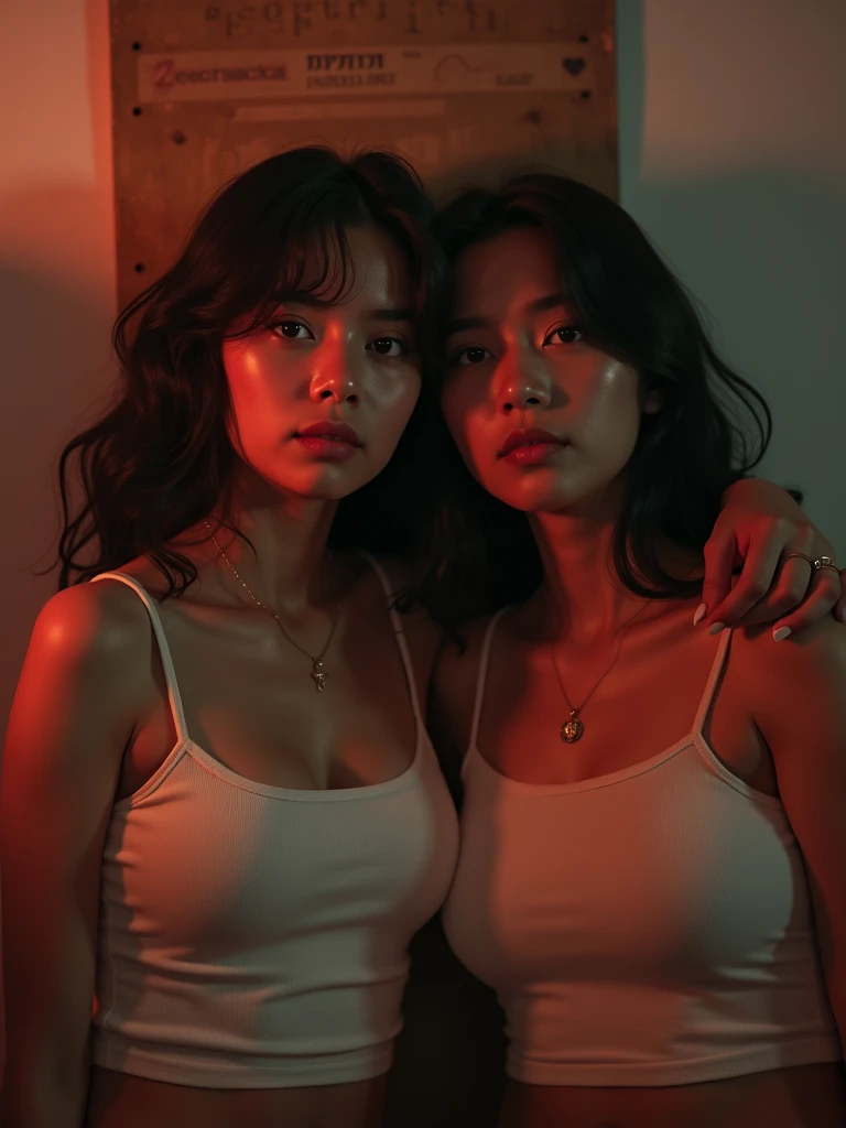 2 girls、 analog film photo, (Create a realistic and photorealistic photo image)、whole body、White tank top、Dimly lit place、Red light、Sitting、blur, tint, depth,