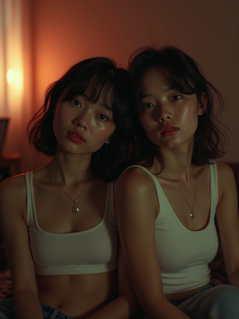 2 girls、 analog film photo, (Create a realistic and photorealistic photo image)、whole body、White tank top、Dimly lit place、Red light、Sitting、blur, tint, depth,