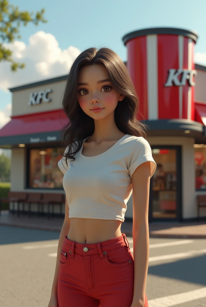 Make a realistic girl standing in front of kfc