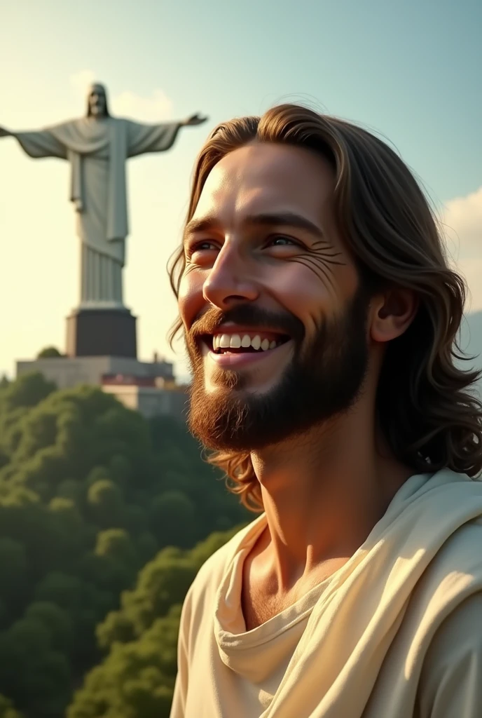 jesus SMILING, in the background the image of Christ the Redeemer, tatoo