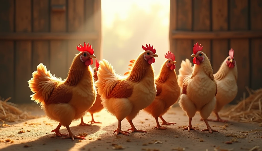 In the barn, the chickens clucked,
With feathers soft and bright