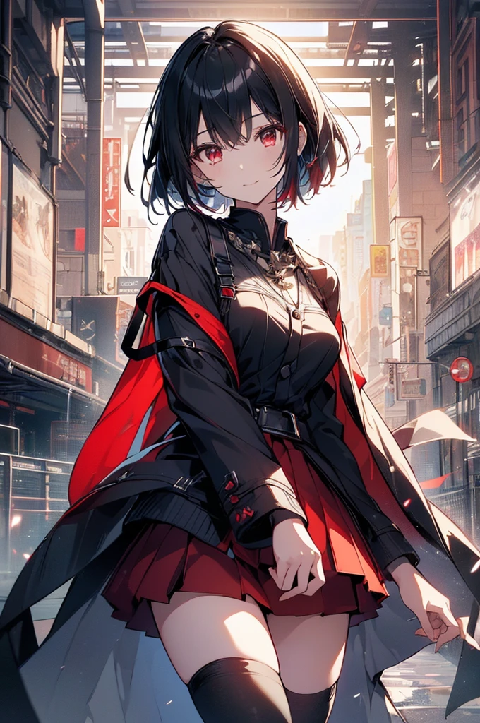 (masterpiece, highest quality, highest quality, (No text), Beautiful and aesthetic:1.2),No text,アニメ、BREAK,One Girl,Black Hair Girl adult short hair older sister Beautiful eyes Red eyes cool smile Black and Red skirt Black jacket whole body In town