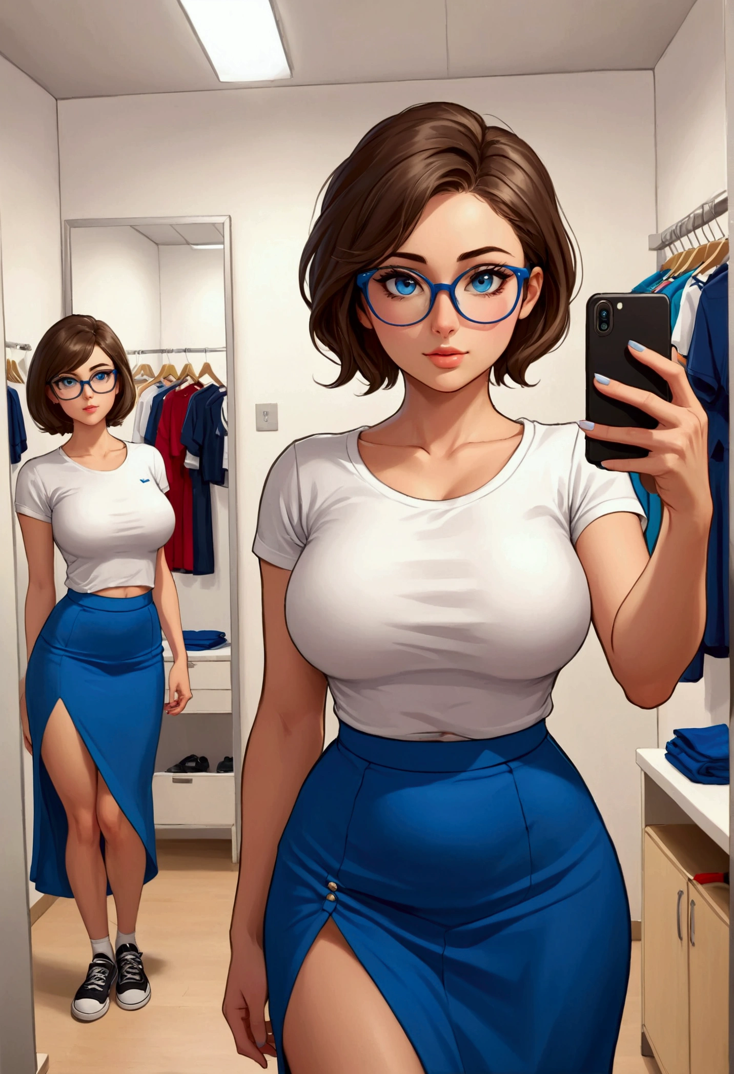 20 years old woman, Short brown hair, Mediterranean with blue eyes, Generous and heavy breasts, slender waist, definition of l&#39;estomac, fesses rebondies et pulpeuses, naturally curved, muscular thighs, aguicheuse , blue eye, lunettes, fitting room, Long skirt, tee shirt, Selfie