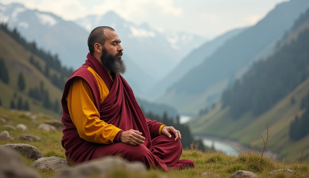 handsome man meditating, beard, beautiful valley, Tibet,