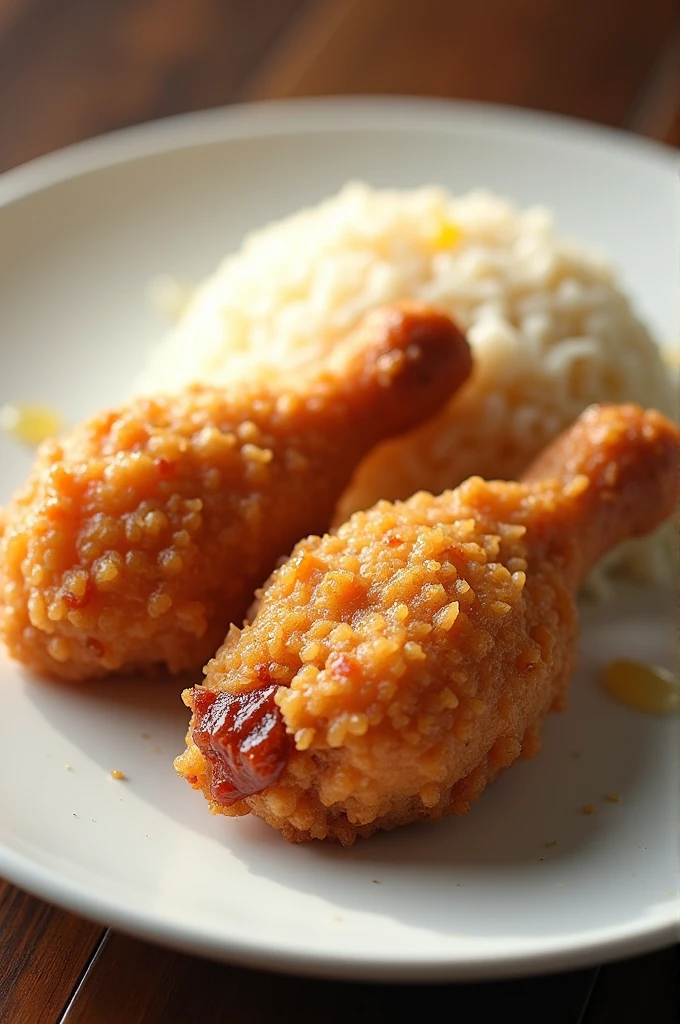 Two piece of fried chicken and one rice on a plate
