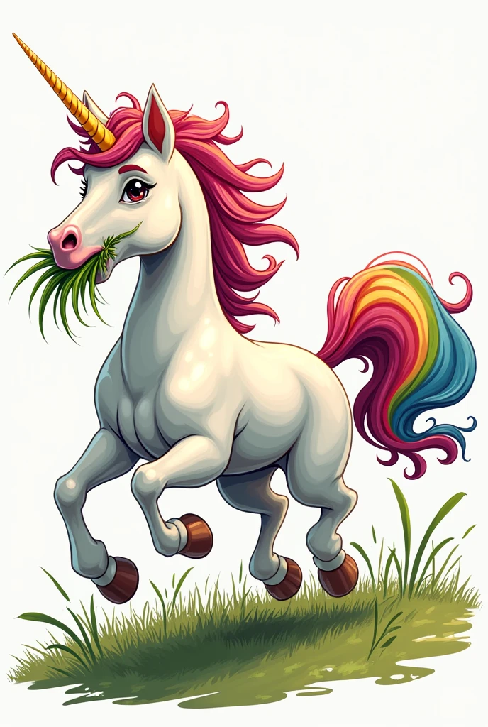 Unicorn with grass in mouth galloping comic style with rainbow tail