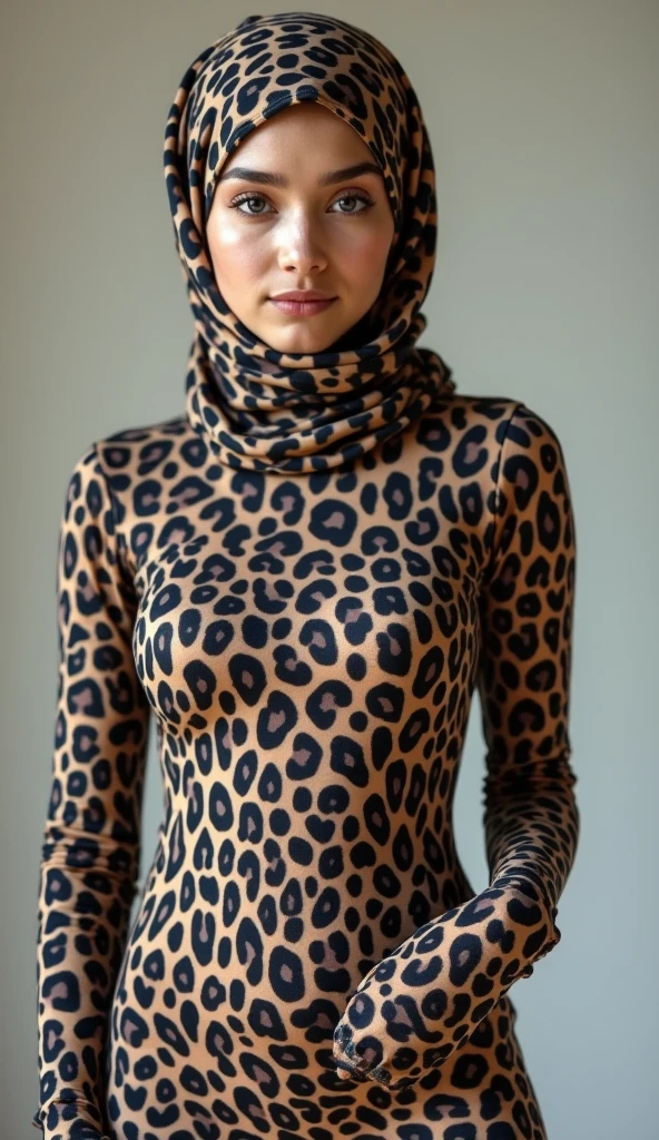 The most beautiful,thin,most pretty and clever Asian muslimah girl wears clouded leopard print lycra turtleneck unitard catsuit covered with spots.She always wear clouded leopard print lycra dancewear stretchy square hijab covered with many spots.