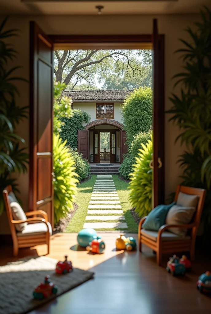 (photorealism:1.2), Generate the interior of a luxurious estate in the department of Valle del Cauca Colombia, It has to look like it was taken by a cell phone, make it more realistic but look like it was taken from an iPhone and you can see it out but I want it to look flat, and a stone path, something that looks like real life not made by AI, but change the interior a little and instead of bushes, there is grass and children&#39;s toys scattered on the floor, but it seems like it&#39;s the real world, Not that it seems AI decreases the image saturation to achieve a more realistic focus 