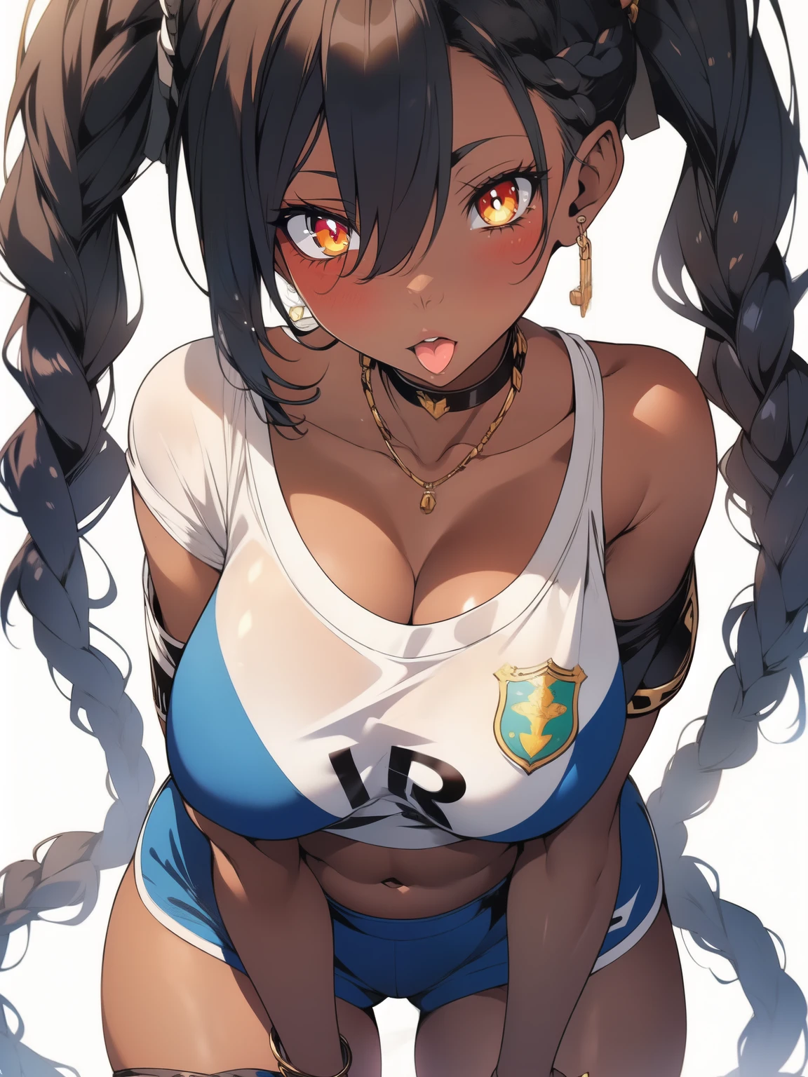 ((mature woman)), ((dark skin)), wide hips, ((milf)), sexy pose, highly detailed background, BREAK milf, ((dark skin)), cleavage, ((voluptuous body)), slender waist, thick thighs, suggestive look, shiny eyes, eye reflection, perfect eyes, pigtail, Overflowing breasts, ((Venus Body)), braided hair, blue hair, ((Brazilian national team shirt)), short shorts, ((fellario gesture))