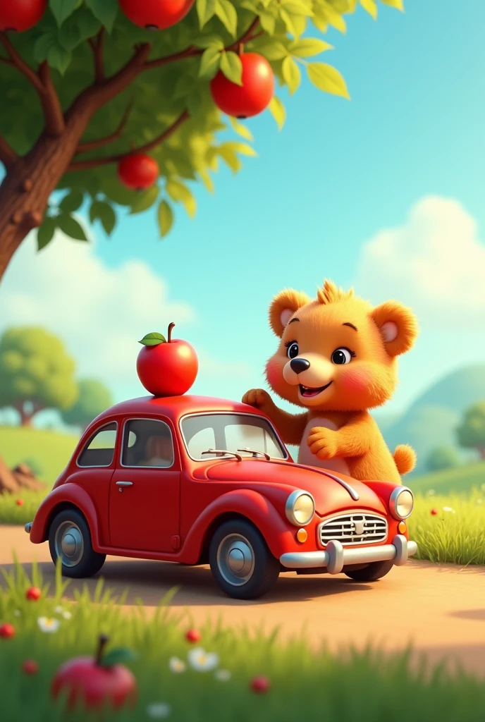 development:Car number 1 is red and stops at an apple tree..a character, like a little bear named Beto, says hello to the little train and says: "Mira, There is a red apple! I&#39;m going to put her in car number 1.."
Continue creating the images with the same technique 