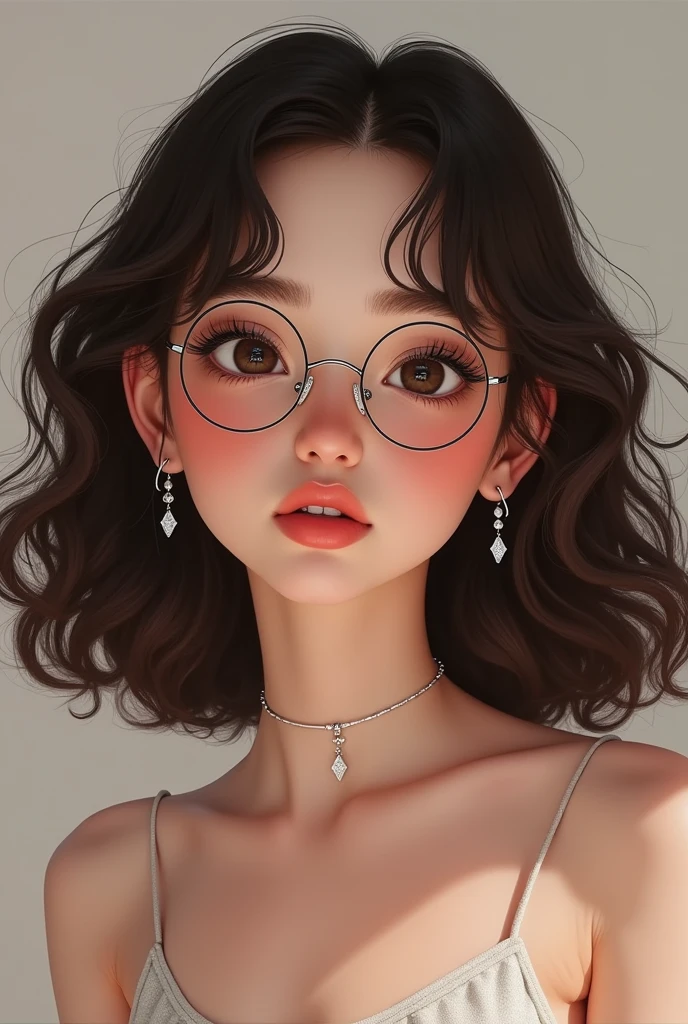 Round face, round wire frames, small lips, small nose, shoulder lenth hair curly hair with so much volume who wears a casual dress, pinkish face colour, slimmer eyebrows and ear fit diamond earrings, 15 yr old lookand smaller eyes