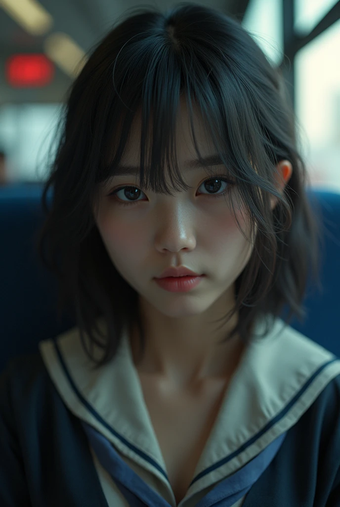 a japanese girl sitting on a bus seat, (a man ejaculating on her face:1.5), photorealistic, 8k, ultra-detailed, masterpiece, realistic, vivid colors, beautiful detailed eyes, beautiful detailed lips, extremely detailed face, intricate details, hyper realistic, cinematic lighting, dramatic shadows, stunning composition, intense atmosphere, highly detailed skin, exquisite facial features, volumetric lighting, raytraced global illumination, physically-based rendering, professional digital art