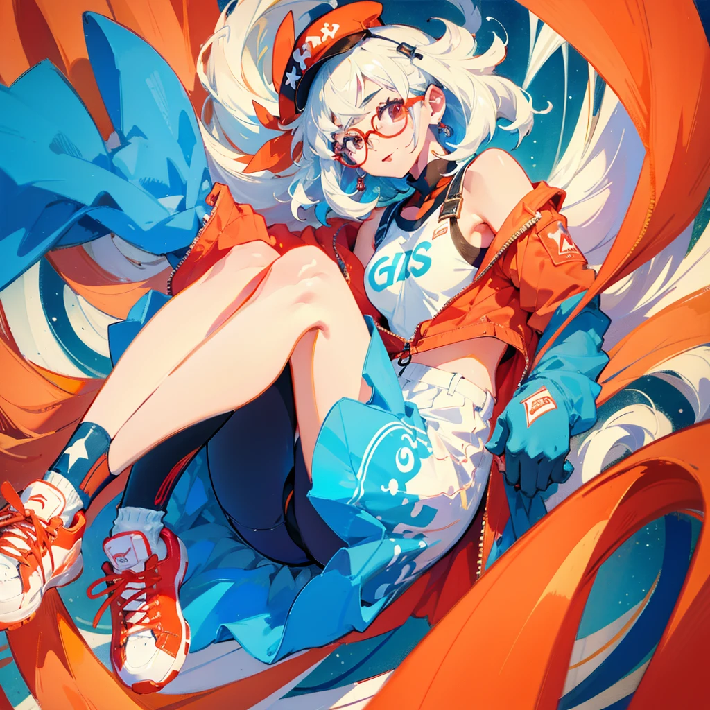 A cool beauty and colorful sneakers、Highest quality、An illustration、Great quality、OK、High resolution、8k wallpaper、Perfect dynamic composition、cute 20 year old、Beautiful face in every detail、Small and cute eyes、Fine skin、(Red glasses)、Small breasts、smile