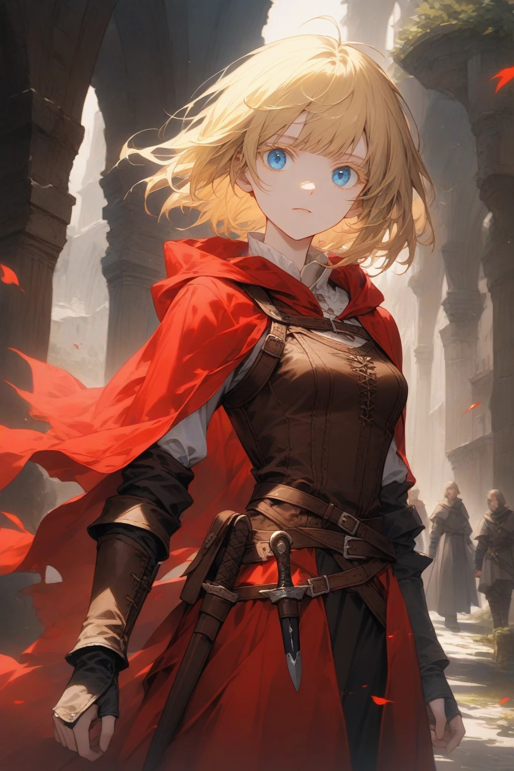 masterpiece, best quality, very aesthetic, absurdres,1girl,rating: general,(hyper detailed eyes),blonde hair,short hair,[disheveled hair],colored eyelashes,blonde eyelashes,blue eyes,(sharp eyes),(slanted eyes),choppy bangs,medium breasts,clear face,expressionless,(red hooded cloak),leather armor,leather chest guard,leather gauntlets,leather greaves,leather boots,dagger,sheathed,medieval,fantasy,