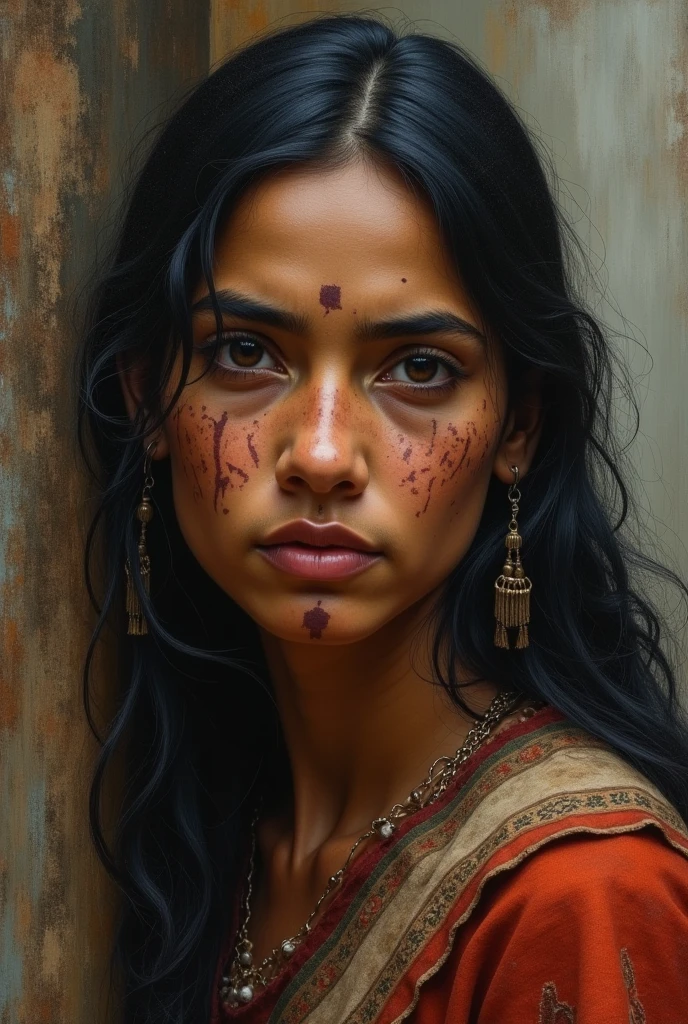 Indian woman with scratches, in the colonial era of Peru