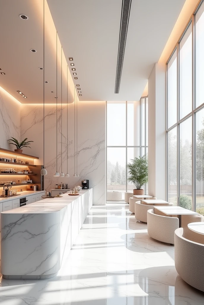 create a modern coffee shop space in light pastel tones. white marble that is modern, innovative and futuristic with a large kitchen space separated from the living area by transparent glass
