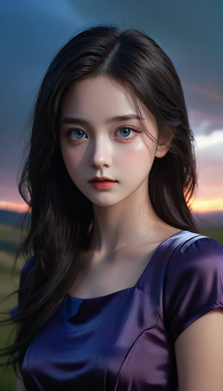 A 16k realistic portrait masterpiece, realistic soft detailed lines, highest resolution, every detail, meticulousness, depth of field, bright colors, beautiful composition: a girl age girl with dark hair and highly detailed innocent eyes, standing against a dark and ominous landscape. sexy silk dress.