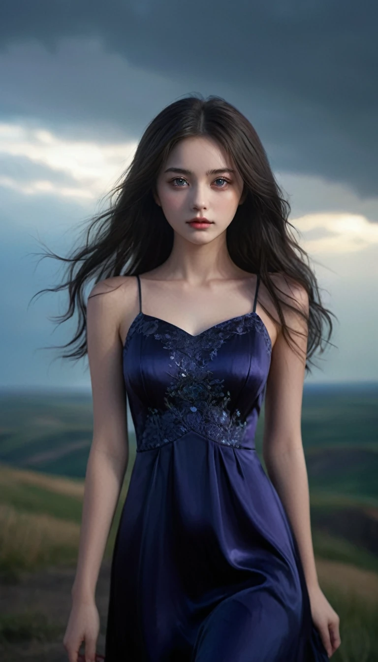 A 16k realistic portrait masterpiece, realistic soft detailed lines, highest resolution, every detail, meticulousness, depth of field, bright colors, beautiful composition: a girl Teenage girl with dark hair and highly detailed innocent eyes, standing against a dark and ominous landscape. sexy silk dress.