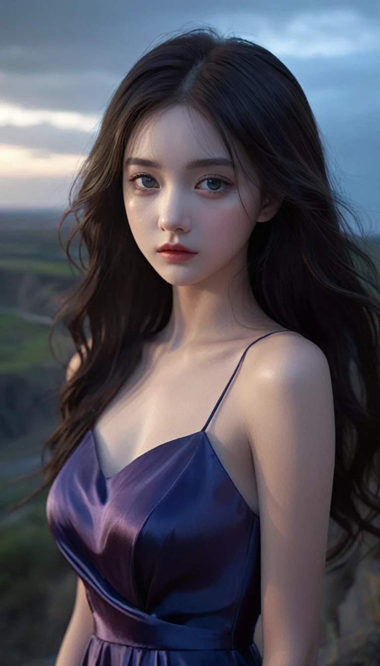 A 16k realistic portrait masterpiece, realistic soft detailed lines, highest resolution, every detail, meticulousness, depth of field, bright colors, beautiful composition: a girl Teenage girl with dark hair and highly detailed innocent eyes, standing against a dark and ominous landscape. sexy silk dress.