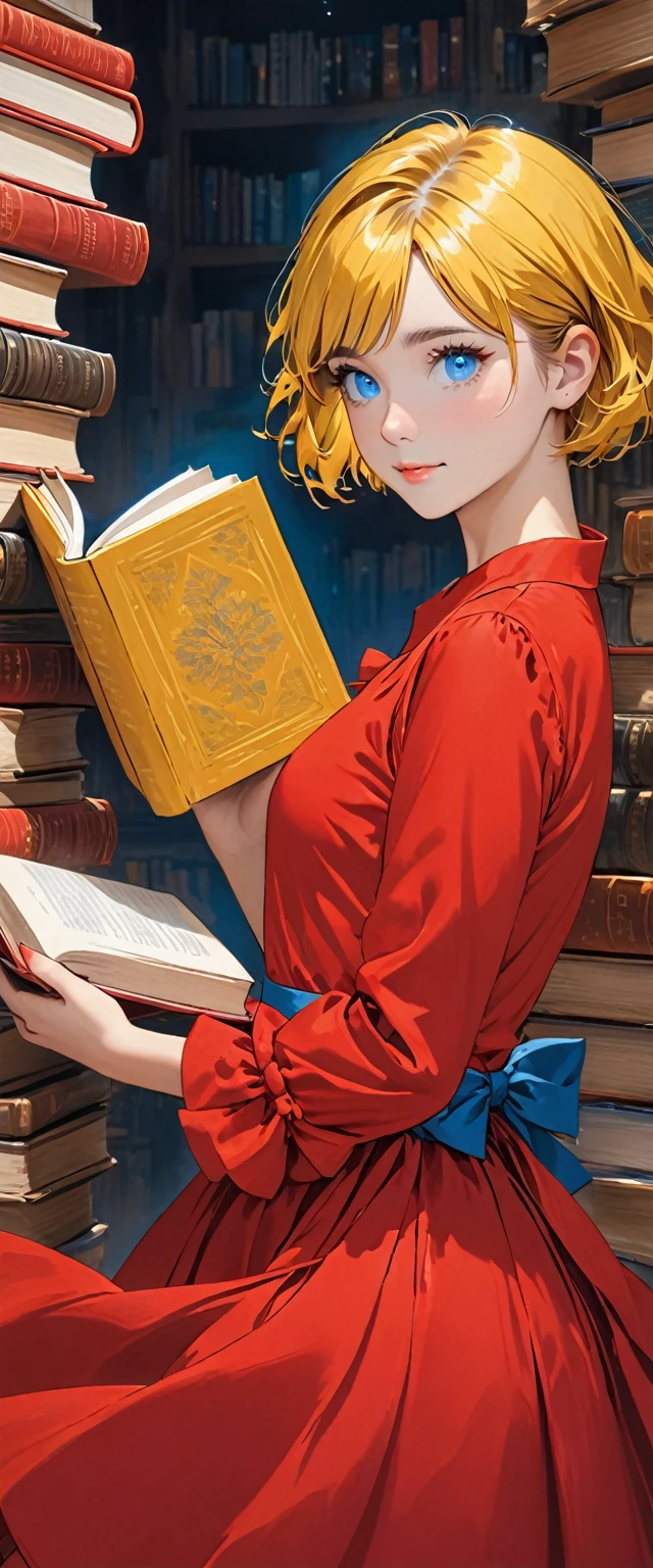 Picture of a girl with short yellow hair and blue eyes and red dress with a book