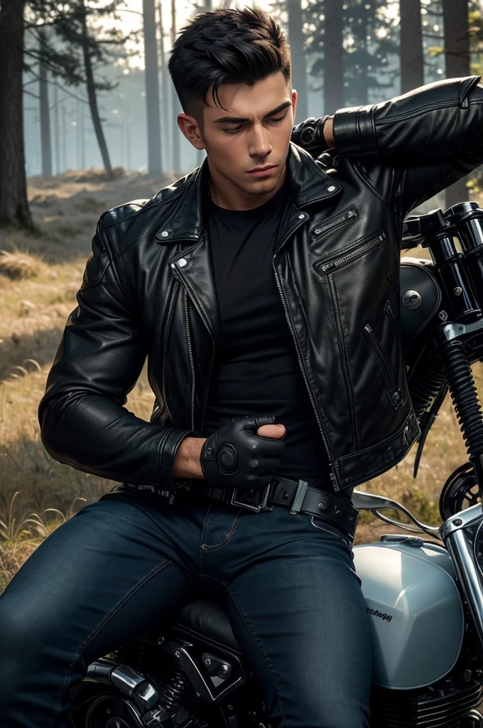 A muscular young man , wearing a white round-neck shirt and a black leather jacket over it, wearing blue jeans, black motorcycle gloves, a black belt, and black combat boots and a holster strap black for a handgun on his thigh , Sleeping, leaning against a motorcycle big bike black, on a grass field in the forest. Anime.