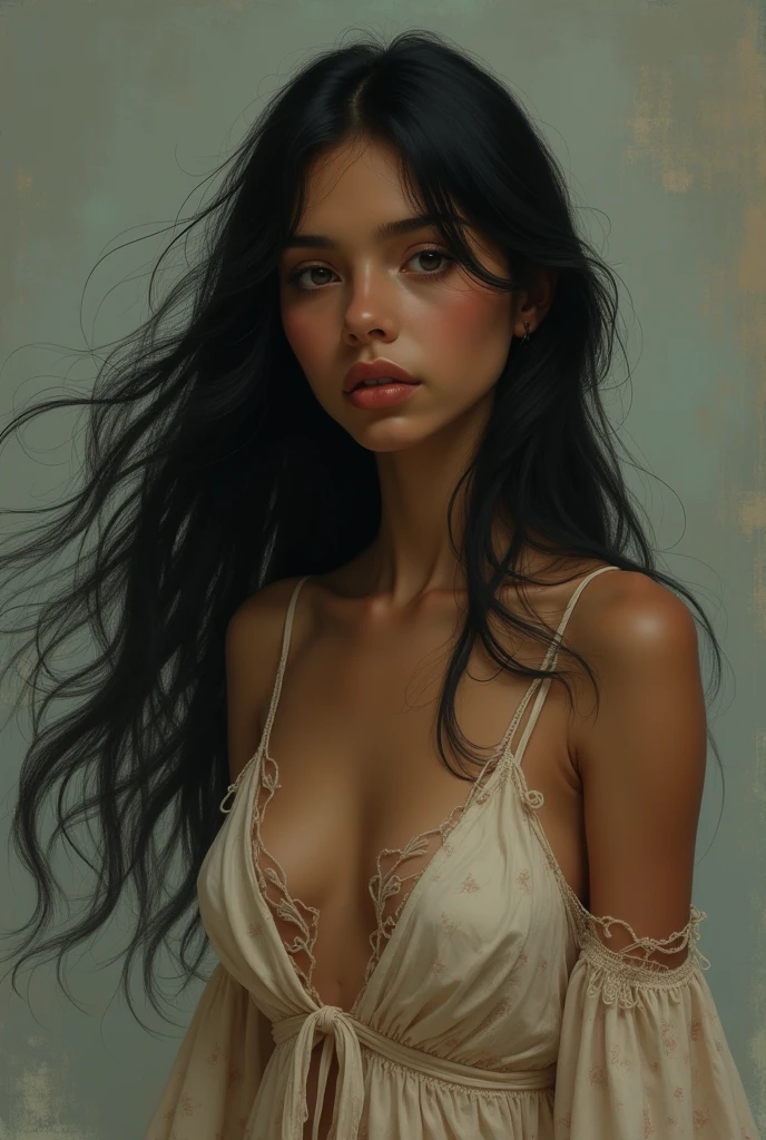 Give me a , languid, soft-boned, gentle and pretty..
That she has black hair and is humble And has clothing made of a dress that is burnt That she is a dark-skinned girl