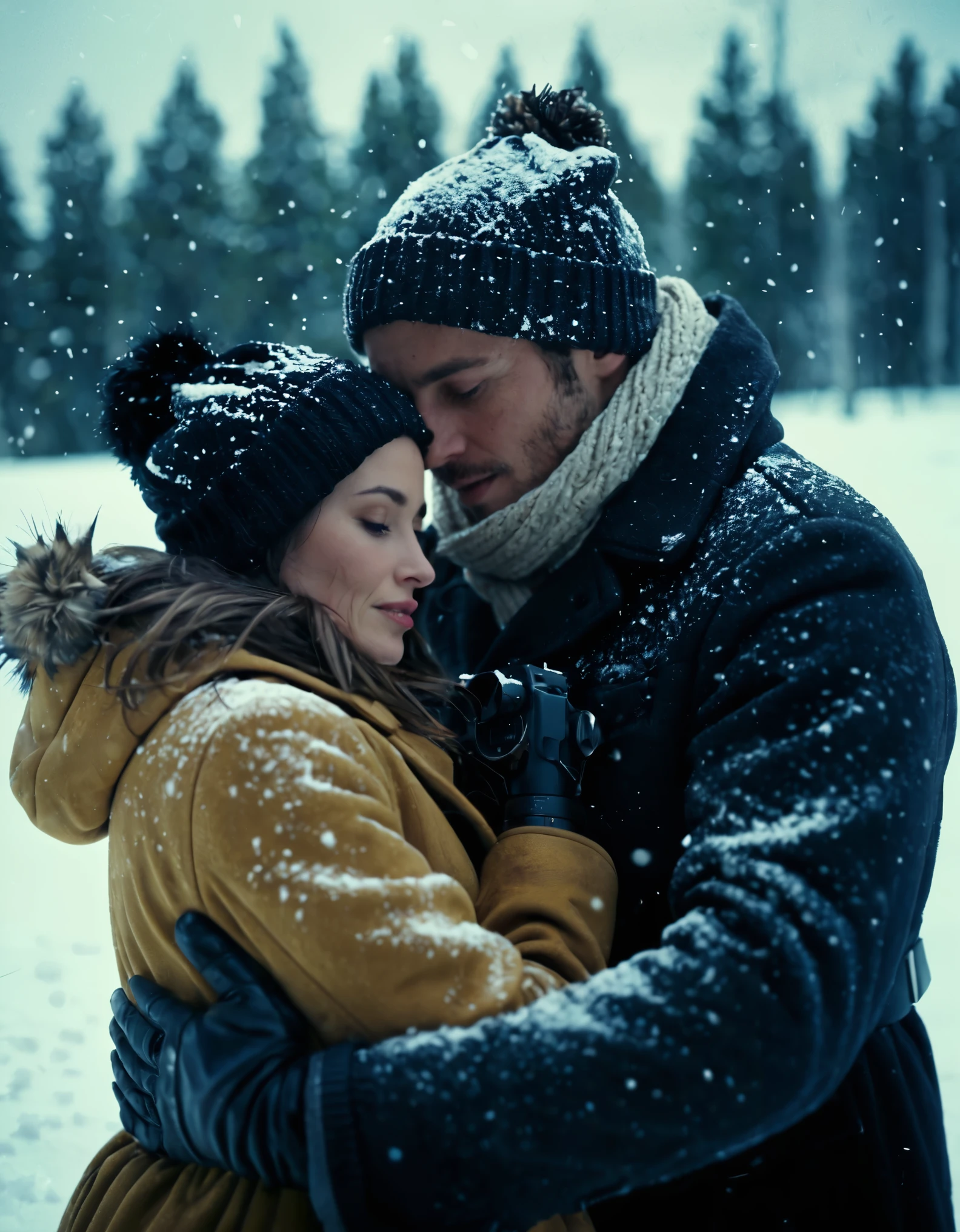 cinematic film still of Cinematic Film stock footage in (arri alexa style) Kodak film print, a man and a woman are embracing in the snow Cinematic Film Style, shallow depth of field, vignette, highly detailed, high budget, bokeh, cinemascope, moody, epic, gorgeous, film grain, grainy