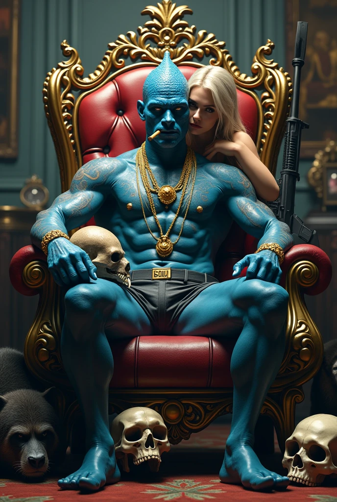 I want a realistic photo featuring a handsome, muscular man with blue skin, tattoos, and gold necklaces. The man has the head of a snake and is sitting on a throne. Around him, there are skulls, and lying on the ground are defeated hero characters, including a gorilla, panda, and raccoon. The character sitting on the throne is holding an otter. Next to the throne, there's a gold-plated AK-47, and he has a cigar in his mouth. On the other side of the throne, a beautiful blonde Italian woman with fair skin is hugging him from behind.