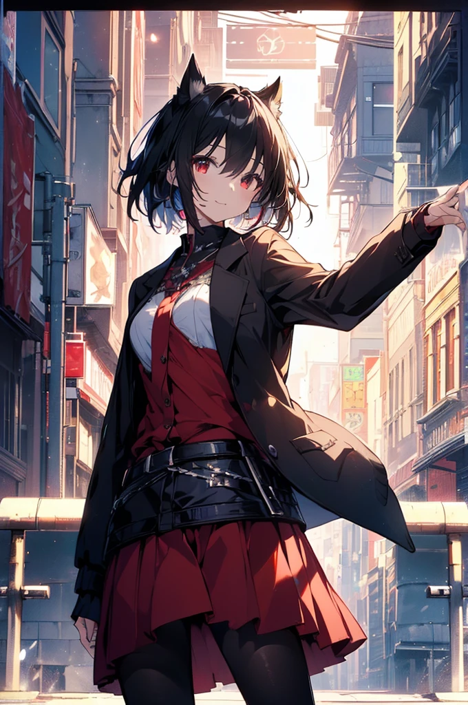 (masterpiece, highest quality, highest quality, (No text), Beautiful and aesthetic:1.2),No text,アニメ、BREAK,One Girl,Black Hair Girl adult short hair older sister Beautiful eyes Red eyes cool smile Black and Red skirt Black jacket whole body In town