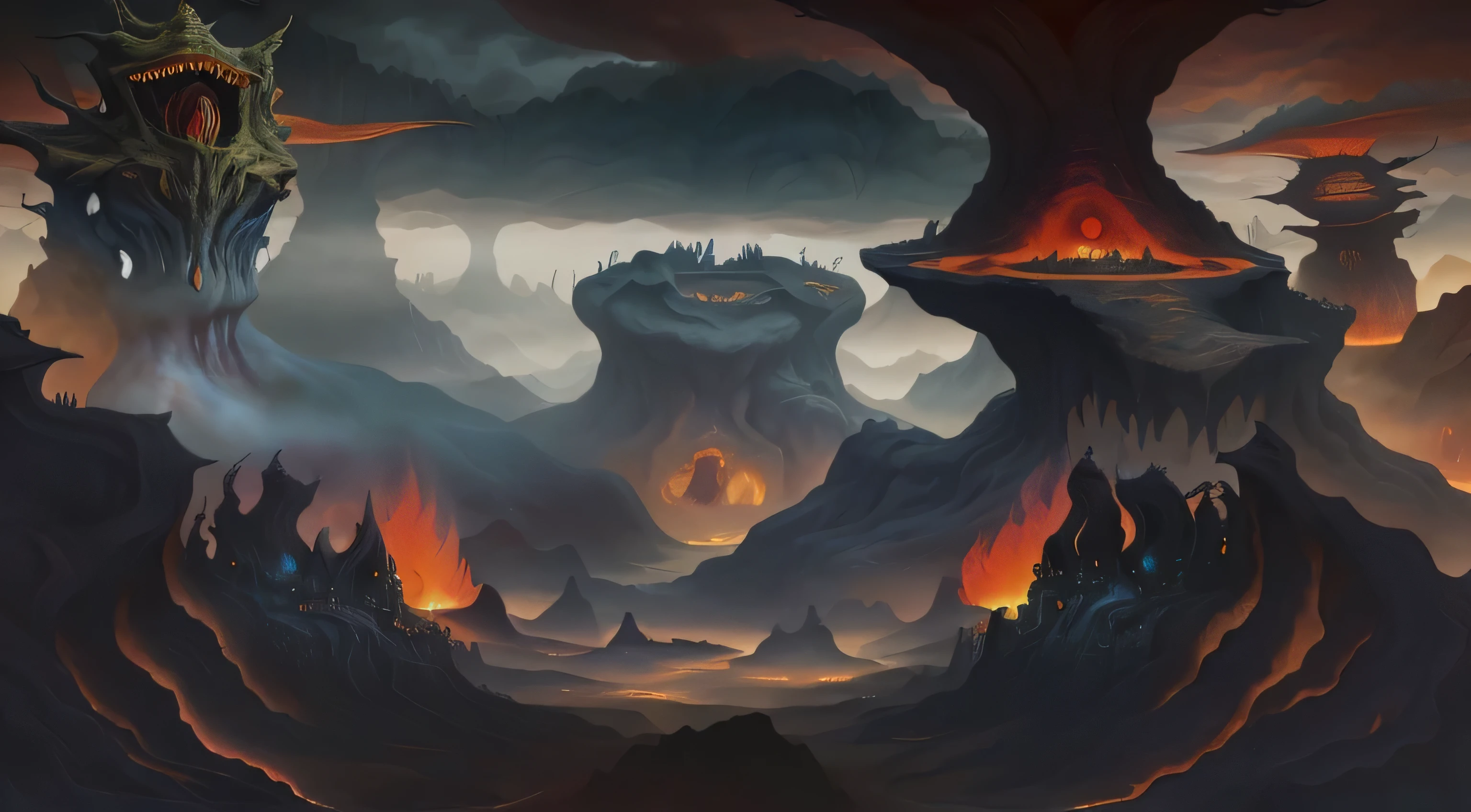 cave,cave,hell,there is a painting there,Depicting a fantasy world full of buildings。, Magical surrealism, Jacek Jelka and Vladimir Kush, Inspired by Jacek Yerka, Style of Hieronymus Bosch, hyper-realistic illustration, Ivan Genelich (Ivan Generalic) of inspiration, surreal alien kingdom, Alien Landscape, Fantasy painting, Giger and Jacek Jelka,Realistic 8K painting depicts the suffering of people in the pit of hell,Inspired by Dante's《Hell》