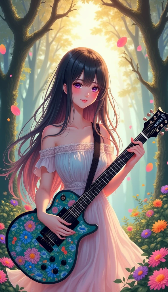 An anime-style digital illustration features a young woman with long, flowing black hair that transitions from dark brown to soft pink towards the ends, creating a shimmering effect and blending seamlessly into her locks. Her expression is serene and gentle as she looks slightly upwards, with large, vivid purple eyes and slightly parted lips revealing a small glimpse of her teeth. She holds a striking electric guitar adorned with intricate floral designs in teal, lime green, amber yellow, light blue, and orange hues, which covers her chest and extends upwards. The guitar's body features a glossy finish that reflects the surrounding light, emphasizing its vibrant colors and blending seamlessly into the scene. She wears a delicate off-shoulder dress with ruffled sleeves in soft pastel shades of pink, blue, and white, decorated with floral patterns and blue butterfly-shaped embroidery around the neckline. Her right hand grips the neck of the guitar vertically, while her left hand rests on its body. Her face and upper body are illuminated by soft, golden light that filters through the foliage, casting a warm glow and creating a halo effect around her head. The background depicts a mystical forest setting with dense greenery, colorful flowers in shades of pink, orange, yellow, and purple, and floating petals. Tall trees with intricate, arched branches frame the scene, creating a natural archway. Sunlight streams through the gaps between the leaves, casting dappled light and creating a dreamy atmosphere. The overall color palette includes forest green, sky blue, lavender purple, peach, and amber yellow, with high saturation and luminance contributing to the ethereal and magical mood. The composition centers the character and her guitar, surrounded by blossoms and foliage, evoking a sense of enchantment and wonder in this fantastical world.