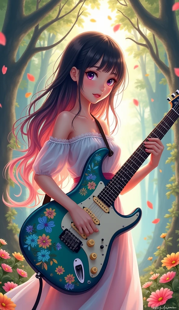 An anime-style digital illustration features a young woman with long, flowing black hair that transitions from dark brown to soft pink towards the ends, creating a shimmering effect and blending seamlessly into her locks. Her expression is serene and gentle as she looks slightly upwards, with large, vivid purple eyes and slightly parted lips revealing a small glimpse of her teeth. She holds a striking electric guitar adorned with intricate floral designs in teal, lime green, amber yellow, light blue, and orange hues, which covers her chest and extends upwards. The guitar's body features a glossy finish that reflects the surrounding light, emphasizing its vibrant colors and blending seamlessly into the scene. She wears a delicate off-shoulder dress with ruffled sleeves in soft pastel shades of pink, blue, and white, decorated with floral patterns and blue butterfly-shaped embroidery around the neckline. Her right hand grips the neck of the guitar vertically, while her left hand rests on its body. Her face and upper body are illuminated by soft, golden light that filters through the foliage, casting a warm glow and creating a halo effect around her head. The background depicts a mystical forest setting with dense greenery, colorful flowers in shades of pink, orange, yellow, and purple, and floating petals. Tall trees with intricate, arched branches frame the scene, creating a natural archway. Sunlight streams through the gaps between the leaves, casting dappled light and creating a dreamy atmosphere. The overall color palette includes forest green, sky blue, lavender purple, peach, and amber yellow, with high saturation and luminance contributing to the ethereal and magical mood. The composition centers the character and her guitar, surrounded by blossoms and foliage, evoking a sense of enchantment and wonder in this fantastical world.