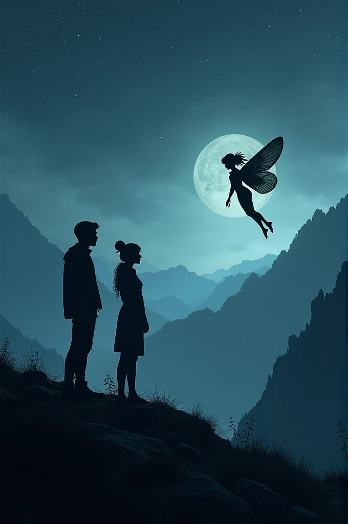 Make human shadows look more human, but that the shadows, stay in black.
And make a fairy flying in front of them and also be a dark shadow.
Arrange the background so they can see stargazing on a mountain.